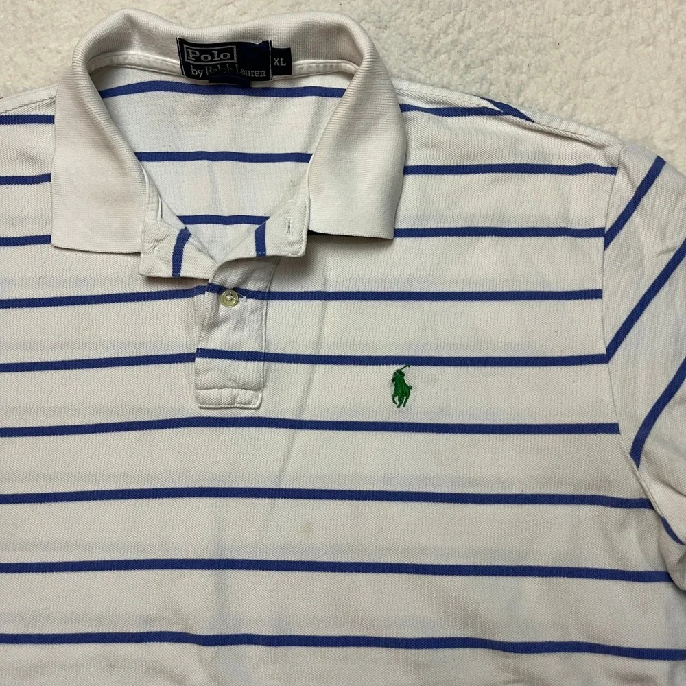Polo Ralph Lauren Polo Shirt Mens XL White Blue Striped Short Sleeve Pony Logo